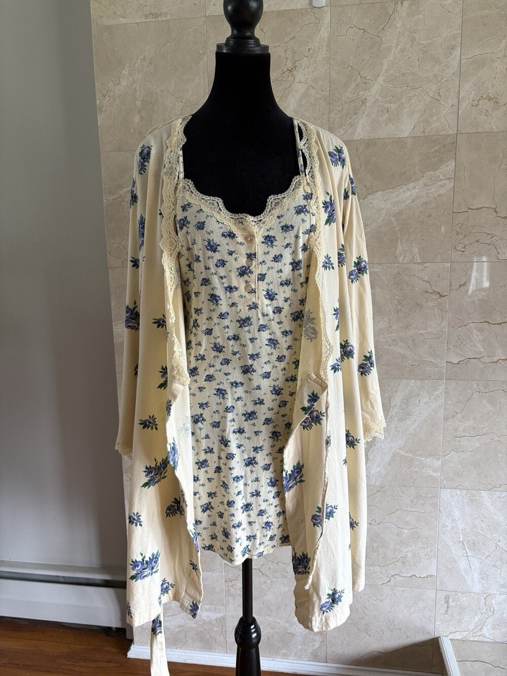 VTG 90s Victorias Secret Cotton Slip & Robe Set —S Yellow Floral Country Cottage